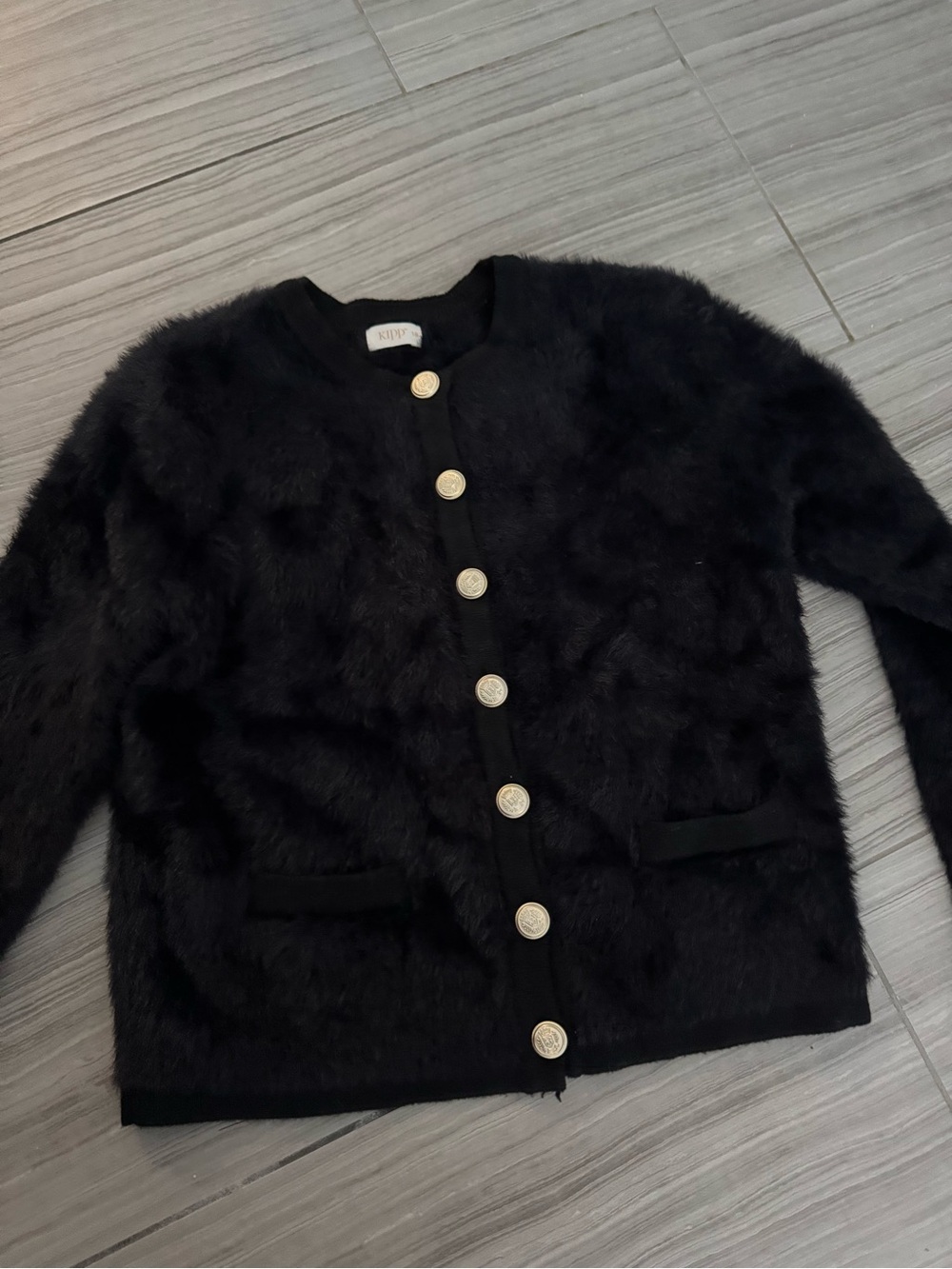 Black Fuzzy Button Front Cardigan with Gold Buttons